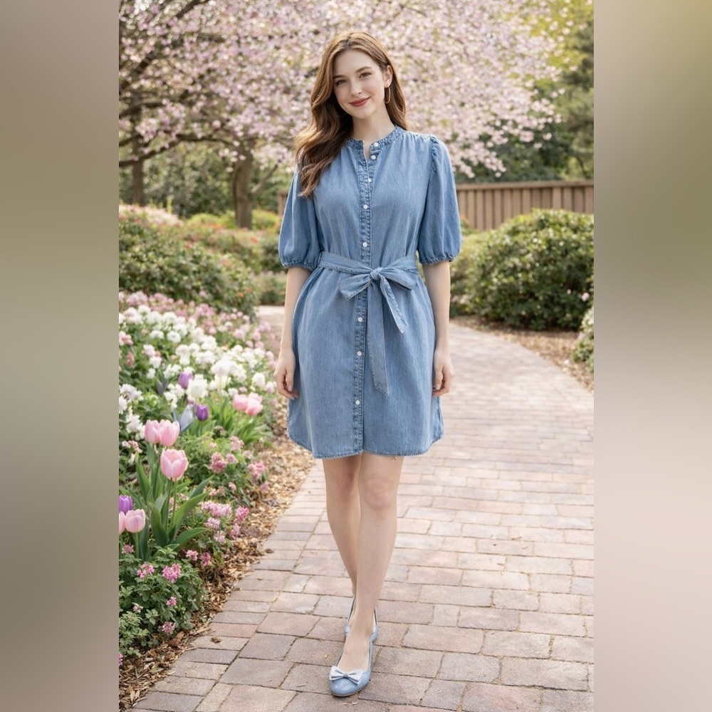 GAP Mini Dress Puff Sleeve Mock Neck Lt Wash Indigo Relaxed Fit Tie Belt Size S